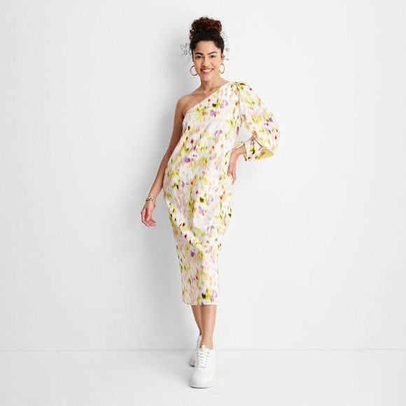 Future Collective with Gabriella Dresses & Skirts - Women's Floral Print Long Sleeve One Shoulder Dress - Future Collective wit